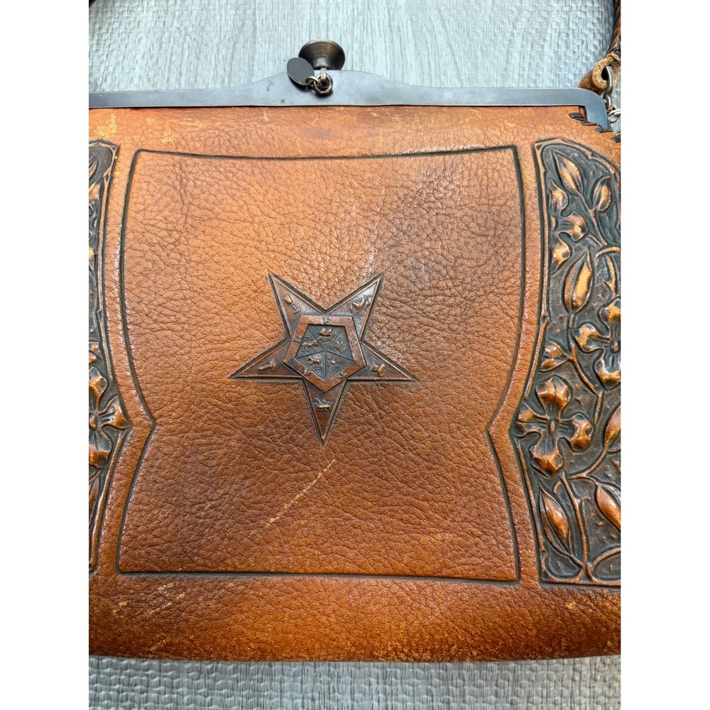 Vintage Meeker Made Tooled Leather OES Eastern Star Handbag Brown Masonic - Picture 2 of 15